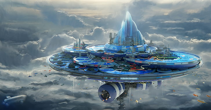 Sci Fi, Kota, Pesawat, Awan, Pulau Terapung, Futuristik, Wallpaper HD