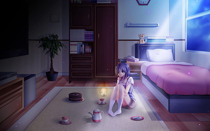 Yalnız gece, yatak odasında anime kız, ay ışığı, Yalnız, gece, Anime, kız, yatak odası, ay ışığı, HD masaüstü duvar kağıdı