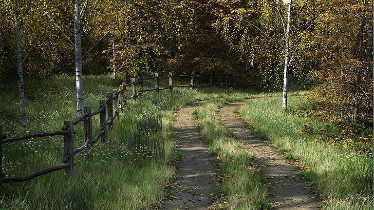 Road To Fall, firefox persona, path, fall, color, grass, leaaves, fence, trees, road, autumn, drive, 3d and abstract, Fondo de pantalla HD
