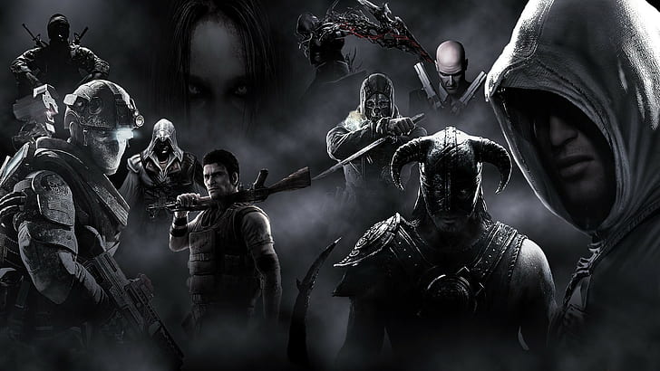 Prototype Call of Duty COD Assassin's Creed Skyrim Dishonored F.E.A.R. Hitman Battlefield BW HD, video games, bw, s, skyrim, a, battlefield, r, e, call, duty, assassin, f, creed, cod, hitman, prototype, dishonored, HD wallpaper