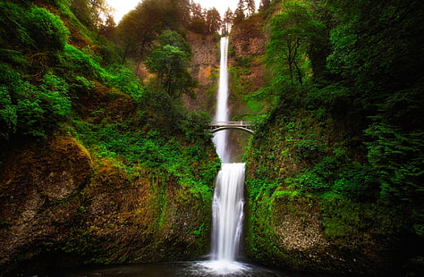 time lapse photo of waterfalls, oregon falls, multnomah, united states, gorge, bridge, HD wallpaper HD wallpaper
