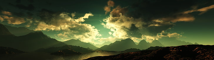 mountain range, landscape, sunset, multiple display, sky, clouds, mountains, HD wallpaper