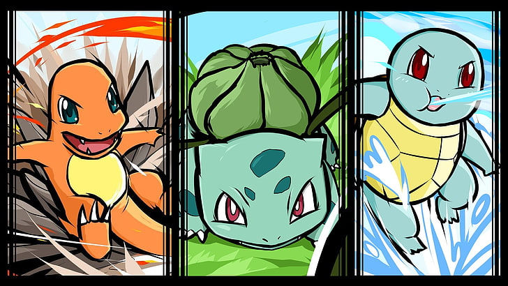 три иллюстрации персонажей покемонов, покемоны, бульбазавры, сквирты, чармандеры, HD обои