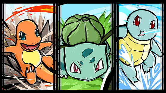 три иллюстрации персонажей покемонов, покемоны, бульбазавры, сквирты, чармандеры, HD обои HD wallpaper