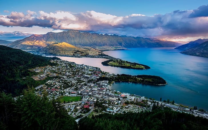 landscape, Queenstown, New Zealand, city, cityscape, mountains, sea, clouds, HD wallpaper