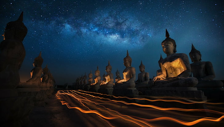 Religious, Buddha, Milky Way, Night, Starry Sky, Statue, Thailand, Time-Lapse, HD wallpaper
