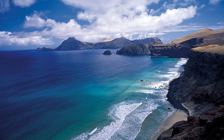 seashore and mountains, landscape, nature, beach, island, Chile, cliff, clouds, hills, sea, coast, rock, water, HD wallpaper