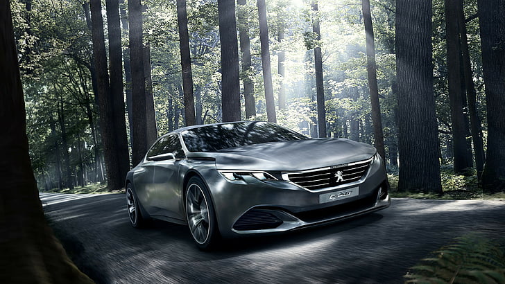 grey Peugeot coupe, Peugeot Exalt, 5k, 4k wallpaper, electric cars, concept, Peugeot, review, test drive, forest, HD wallpaper