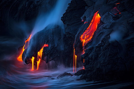 inundação de lava perto de ilustração do mar, natureza, rochas, mar, vulcão, fumaça, Tom Kualii, erupção vulcânica, lava, Havaí, ilha, HD papel de parede HD wallpaper