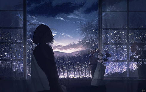  anime, anime girls, night sky, HD wallpaper HD wallpaper