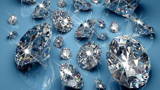прозрачен скъпоценен камък върху син панел, диаманти, 4k, 5k тапет, синьо, светлина, блясък, HD тапет HD wallpaper