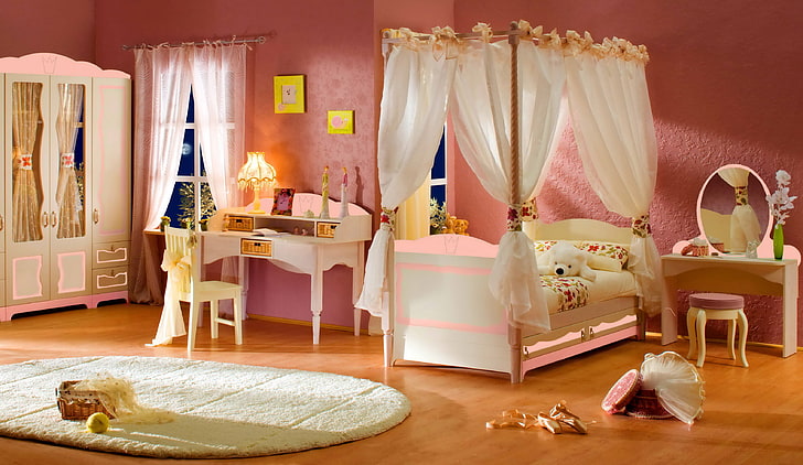 white and pink wooden canopy bed, design, style, table, room, toy, lamp, bed, interior, mirror, bear, chair, bedroom, canopy, children's, cot, HD wallpaper