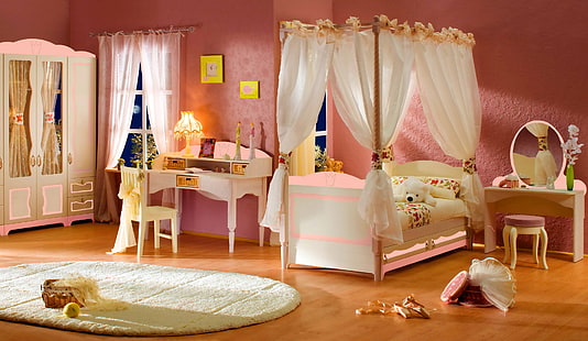 biało-różowe drewniane łóżko z baldachimem, projekt, styl, stół, pokój, zabawka, lampa, łóżko, wnętrze, lustro, niedźwiedź, krzesło, sypialnia, baldachim, dziecięce, łóżeczko dziecięce, Tapety HD HD wallpaper