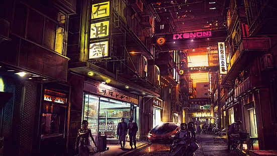 Exenon1 fond d'écran numérique, nuit, oeuvre d'art, ville futuriste, cyberpunk, cyber, cyber ville, science fiction, art numérique, art conceptuel, art fantastique, futuriste, Deus Ex, Fond d'écran HD HD wallpaper