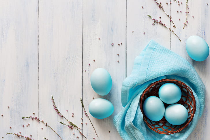 canasta, huevos, azul, pascua, madera, primavera, decoración, feliz, tierna, Fondo de pantalla HD