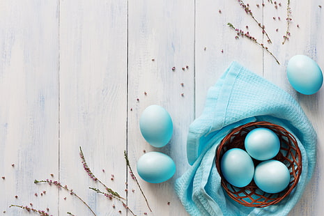 keranjang, telur, biru, Paskah, kayu, musim semi, dekorasi, Happy, tender, Wallpaper HD HD wallpaper
