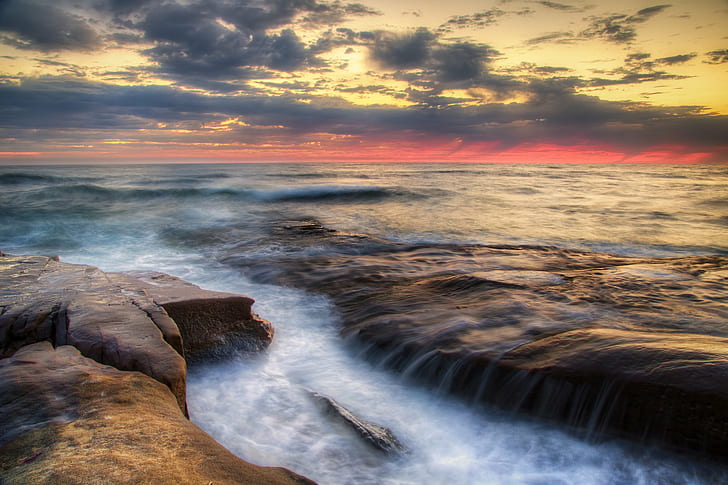 ocean waves timelapse photography, Sunsets, ocean waves, timelapse photography, Sunset, La Jolla, Color, Colorful, Beach, Ocean, Rock, Water  Flow, Pacific, Pink, San Diego, Southern California, HDR, seascape, landscape, canon 5d mark iii, mark 3, nature, sea, water, wave, scenics, coastline, rock - Object, sky, beauty In Nature, HD wallpaper