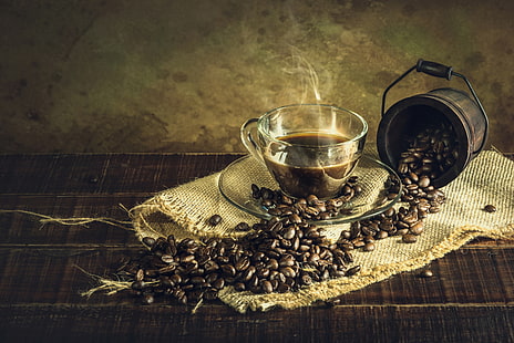 Cibo, caffè, chicchi di caffè, tazza, bevande, natura morta, Sfondo HD HD wallpaper