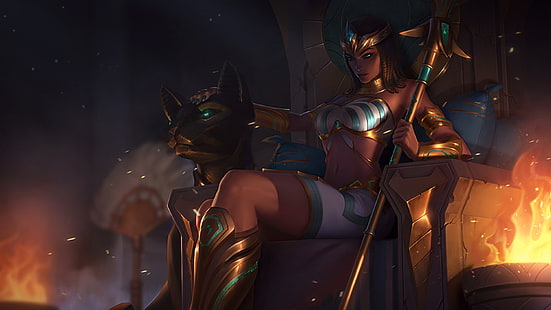 League of Legends, Nidalee (League of Legends), Pharaoh, cat, spear, HD wallpaper HD wallpaper