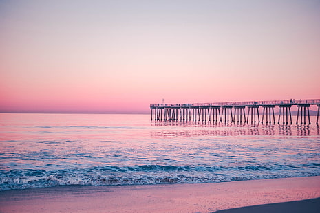 плаж откъм плажа, кей, море, сърф, розов, HD тапет HD wallpaper