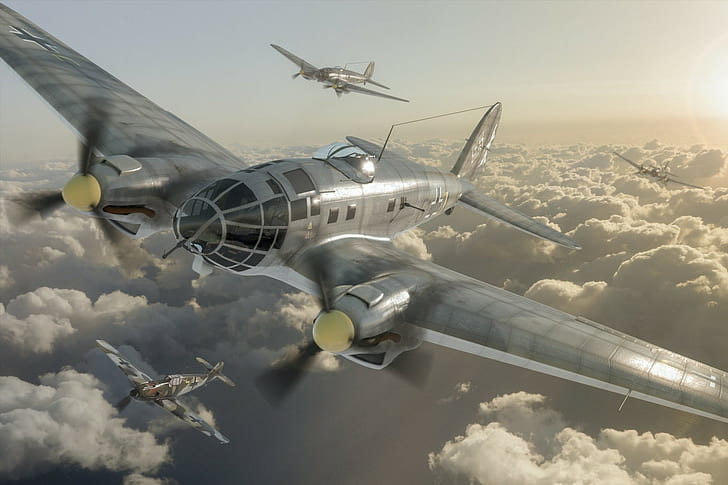 artwork, Bomber, Heinkel He 111, Messerschmitt Bf 109, World War II, HD wallpaper