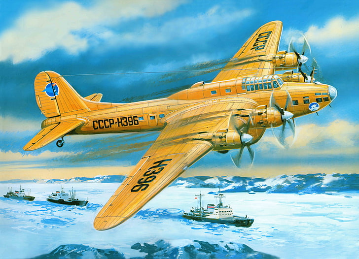 sarı CCCP-H396 uçak duvar kağıdı, havacılık, uçak, sanat, bombardıman uçağı, eylem, BBC, ağır, kutupsal, Sovyet, uzak, dört motorlu, Sovyetler Birliği., PE-8, HD masaüstü duvar kağıdı