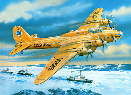 żółta tapeta samolotu CCCP-H396, lotnictwo, samolot, sztuka, bombowiec, akcja, BBC, ciężki, polarny, radziecki, daleko, czterosilnikowy, ZSRR., PE-8, Tapety HD HD wallpaper