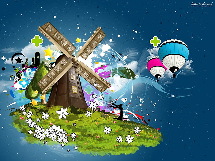 blaues und grünes Plastikspielzeug, digitale Kunst, Windmühle, Heißluftballone, Grafik, HD-Hintergrundbild