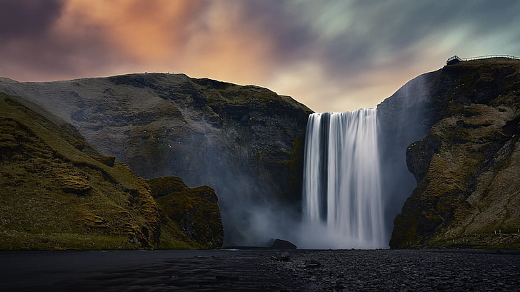 водопад, природа, вода, skogafoss, небе, Исландия, планина, пейзаж, облак, улей, HD тапет