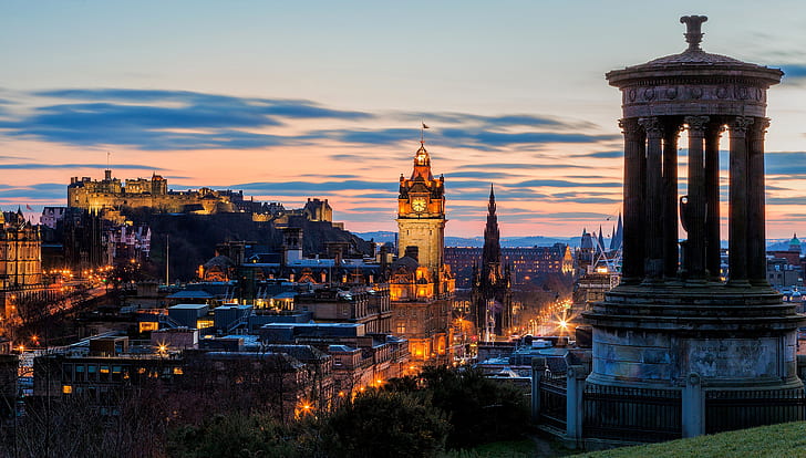 sunset, the city, the evening, Scotland, panorama, Edinburgh, Dugald Stewart Monument, Calton Hill, HD wallpaper