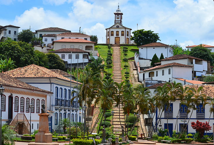 village, Brazil, Minas Gerais, church, Baroque, HD wallpaper