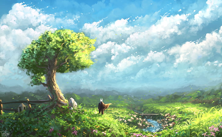digital, digital art, artwork, drawing, digital painting, nature, landscape, trees, wood, clouds, green, blue, white, rabbits, silhouette, water, sky, skyscape, river, rocks, pasture, environment, concept art, illustration, HD wallpaper