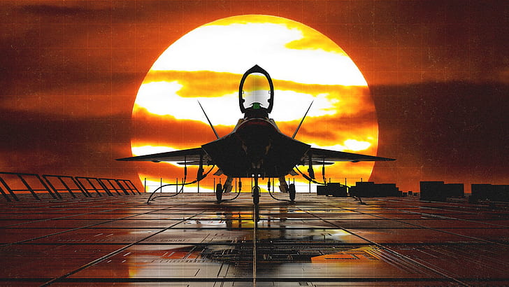 Solnedgång, Solen, Planet, Fighter, F-22, Raptor, Rendering, F-22 Raptor, Aircraft, Trey Trimble, av Trey Trimble, Multi-Role Fighter, Lockheed Boeing F-22 Raptor, HD tapet