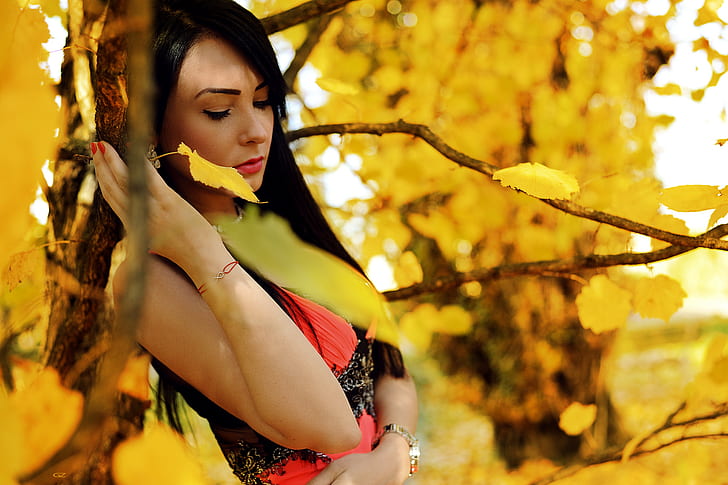 women, model, 500px, Giovanni Zacche, women outdoors, yellow, leaves, HD wallpaper