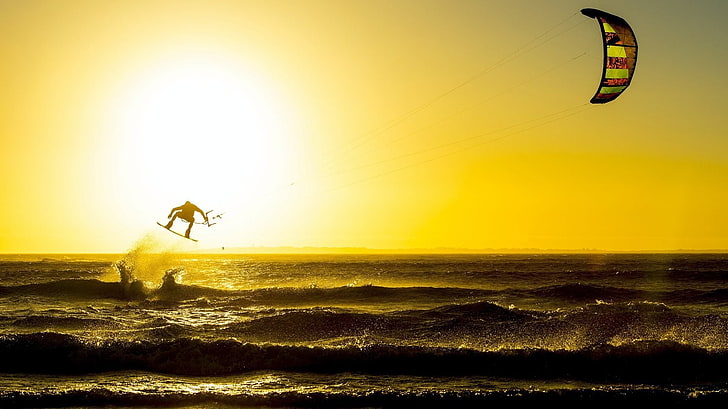 kitesurf, esportes, ventoso, ondas, silhueta, HD papel de parede