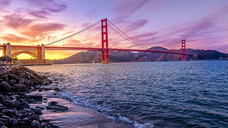 nature, landscape, bridge, clouds, sky, sunset, water, river, rocks, mountains, Golden Gate Bridge, San Francisco, USA, HD wallpaper