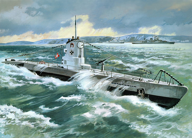 серо-белая подводная живопись, рисунок, арт, подводная лодка Тип 2В, (1939), HD обои