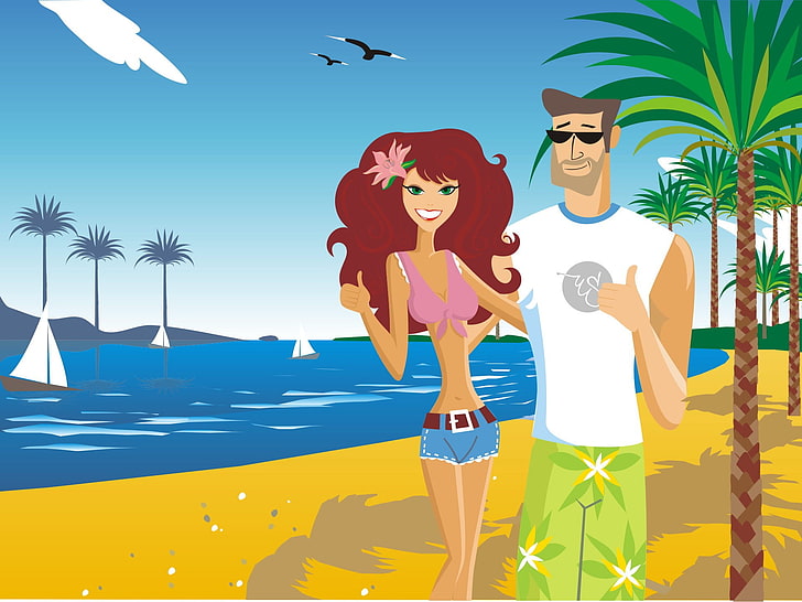 homem e mulher fazendo sinal bem ilustração verão positivo férias férias vetor, HD papel de parede