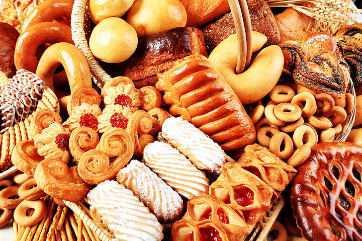 Haufen von gebackenem Brot, Kekse, Muffins, Kuchen, Trocknen, Brötchen, Backen, Kuchen, HD-Hintergrundbild