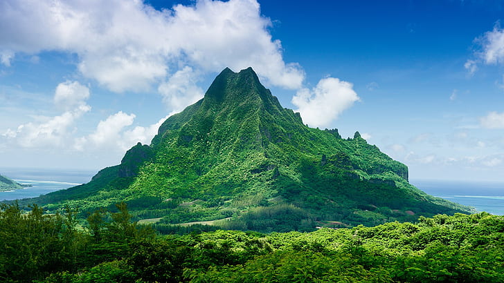 nature, paysage, arbres, nuages, montagnes, Polynésie française, Mont Rotui, forêt, volcan, Fond d'écran HD