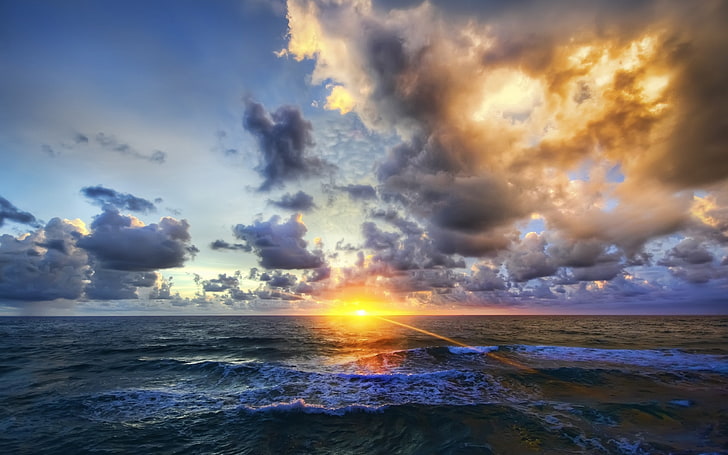 hav, moln, natur, solnedgång, landskap, himmel, horisont, solljus, HD tapet