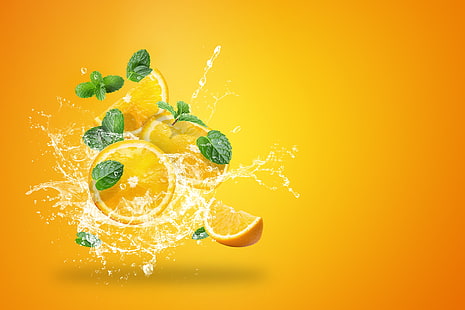вода, шприц, жълто, фон, пръски, портокали, цитрусови плодове, HD тапет HD wallpaper