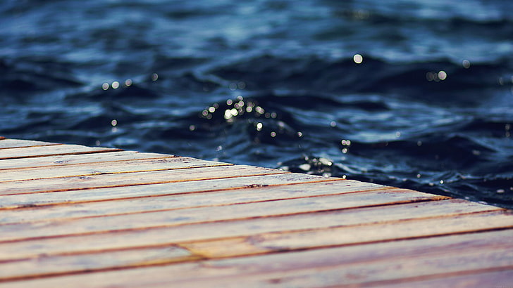 panel kayu coklat, dermaga, air, biru, pantai, Wallpaper HD