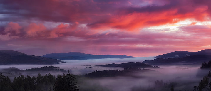 日没時の霧の森、ブレイキング・ドーン、トロサックス、霧、森、日没、スコットランド、ローモンド湖、国立公園、ミスト、風景、山、自然、風景、雲-空、空、屋外、霧、木、日の出-夜明け、山のピーク、朝、自然の美しさ、 HDデスクトップの壁紙 HD wallpaper