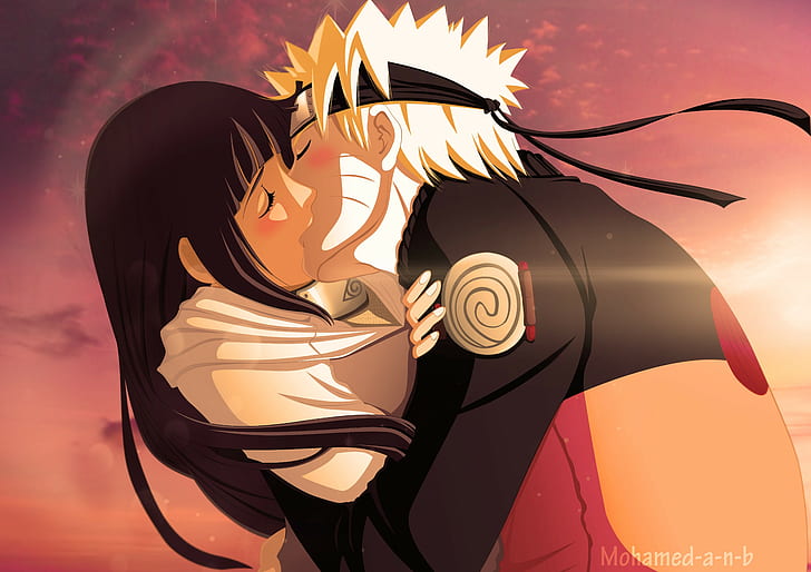 anime, digital art, Uzumaki Naruto, Hyuuga Hinata, kissing, couple, Naruto Shippuuden, HD wallpaper