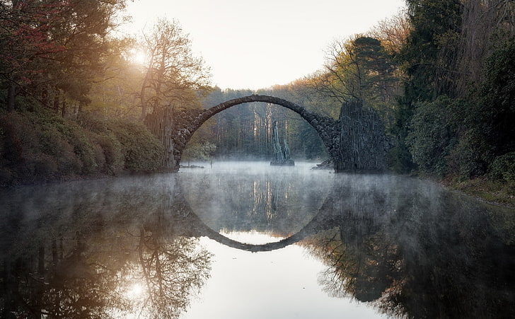 jerman, jembatan iblis, sungai, pohon, refleksi, Alam, Wallpaper HD