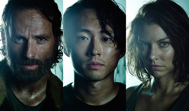 Les personnages de Walking Dead, Maggie Greene, Rick Grimes, Glenn Rhee, Lauren Cohan, collage, Steven Yeun, Fond d'écran HD
