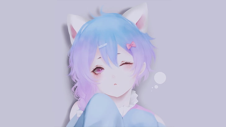 Anime, Manga, Anime Girls, einfacher Hintergrund, Minimalismus, lila Haare, blaues Haar, Nekomimi, lila Augen, HD-Hintergrundbild