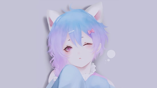 anime, manga, anime girls, simple background, minimalism, purple hair, blue hair, nekomimi, purple eyes, HD wallpaper HD wallpaper