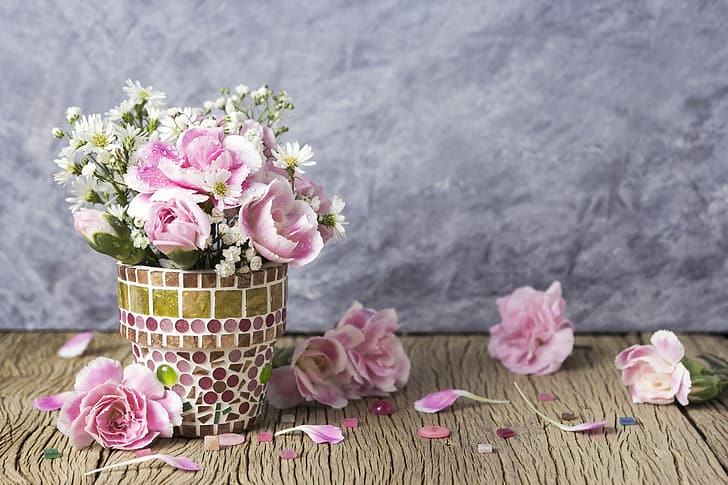 Blumen, Blütenblätter, Eimer, Rosa, Vintage, Holz, schön, romantisch, HD-Hintergrundbild